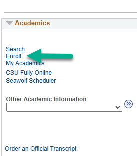 Student Center with green arrow pointed at enroll link under Academics