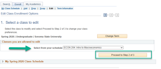 Green arrow pointed at "select from your schedule" and box around "Proceed to Step 2 of 3"