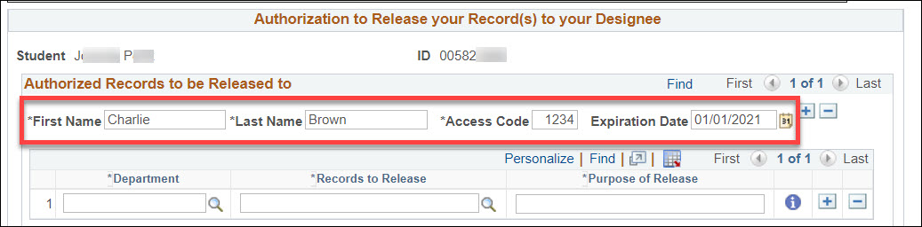 The Authorized Records to be Released to section of the Authorize to Release page. A first name of Charlie, last name of Brown, access code of 1234, and expiration date of 01/01/2021 are filled in within form fields and highlighted in a red box.