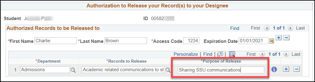 An Authorized Records to be Released to Charlie Brown with a department of Admissions, Records to Release of Academic related communications to student, and the purpose of release listed as Sharing SSU communications. The Purpose of Release field is surrounded by a red box.