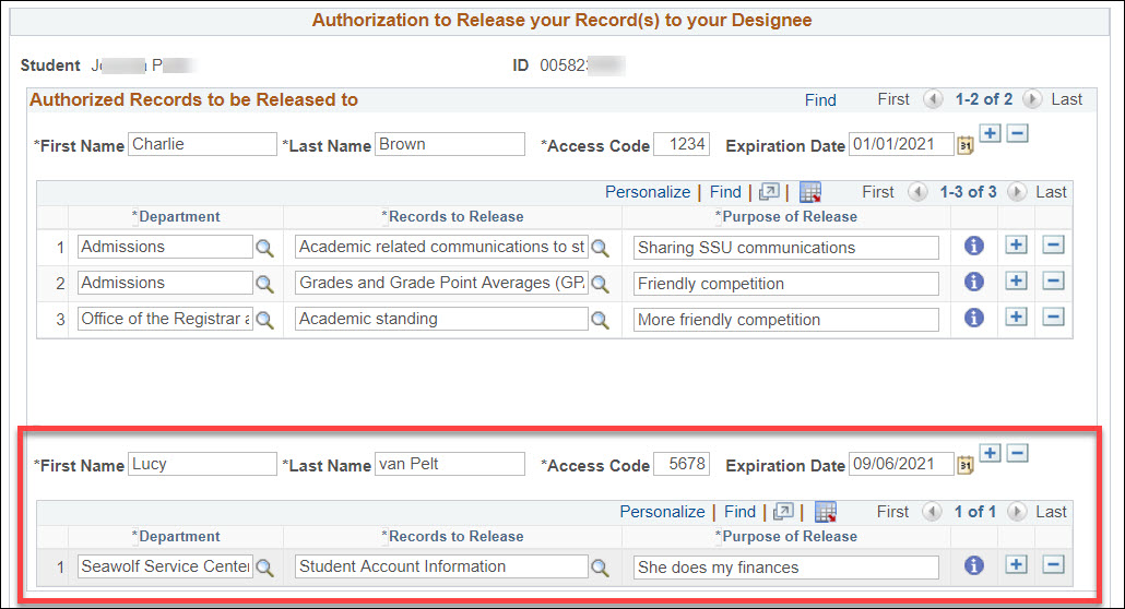 The Authorized Records to be Release to section with a blank set of first name, last name, access code, expiration date, department, records to release, and purpose of release fields blank below the existing section for designee Charlie Brown.