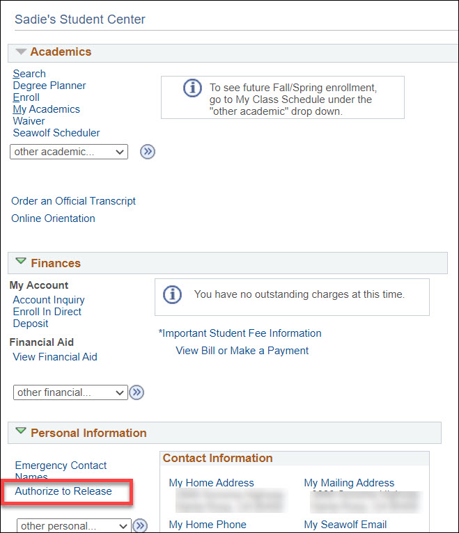 The Authorize to Release link in a red box at the bottom of a sample Student Center page