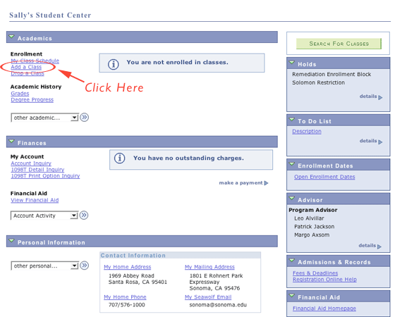 instructional figure: SA Self Services, Enrollment, Enrollment:Add Classes