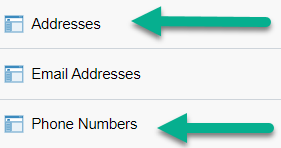 Green arrows pointing at Addresses and Phone Numbers on menu