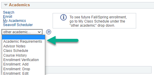 Other Academic drop-down with green arrow point to Academic Requirement