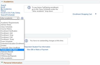 Drop-down menu titled 'Other Academics' with Transfer Credit: Report highlighted