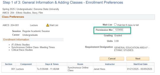 Box highlighting section to add permission number