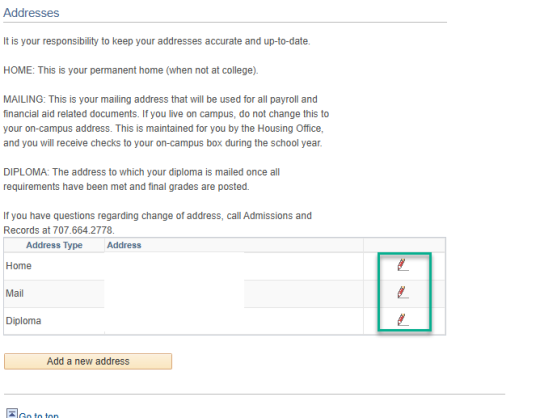Addresses listed with pencil icons highlighted