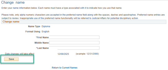 Change name screen with save button highlighted