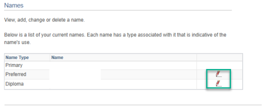 Pencil icons next to Preferred Name and Diploma Name