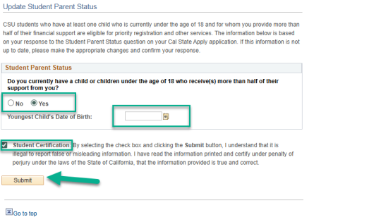 Student Parent Status page with required fields highlighted
