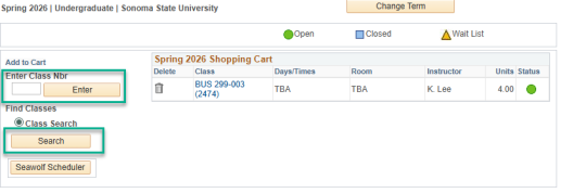 Class number and search are highlighted in student shopping cart