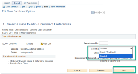 Grading drop-down menu shown and "Next" button highlighted