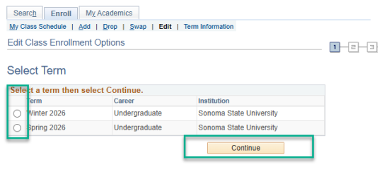 Semester buttons highlighted and Continue button. 